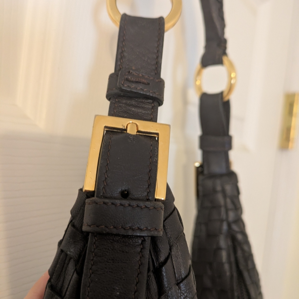 Genuine Leather Made In Italy Dark Brown (Almost Looks Black) Woven Hobo Bag - Picture 4 of 6